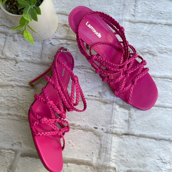 LARROUDÉ X WOMANIZER + Chiara Sandal in Fuchsia Leather braided Heeled Size 8 - Picture 8 of 11